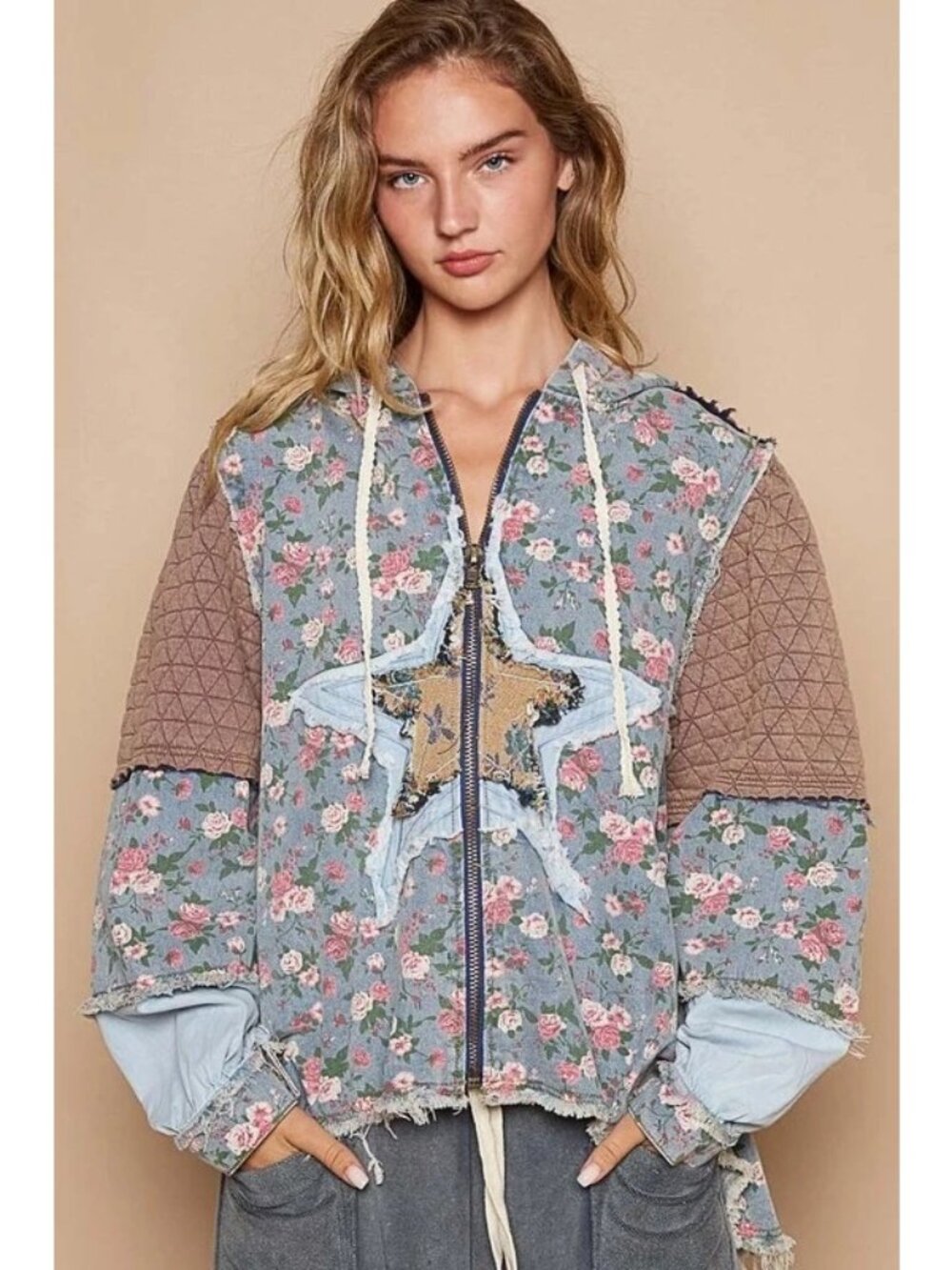 POL Oversized Floral Denim Star Patch Hooded Jacket Quilted Sleeves Distressed